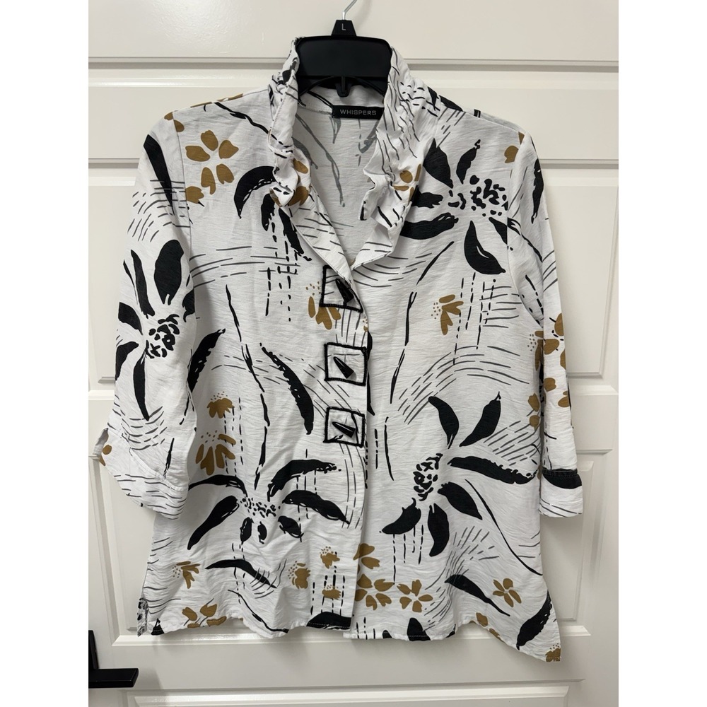 Whispers New York Artsy Blouse White Tan Black Ruffle Collar Toggle Buttons S